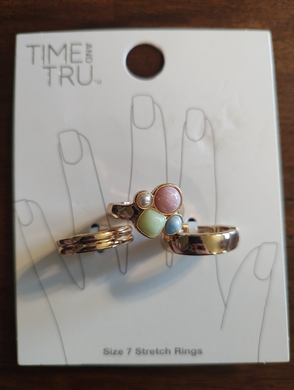 Time and Tru Gold Stretch Ring Set with Pastel Stones - Pink, Green, Blue - Picture 3 of 3